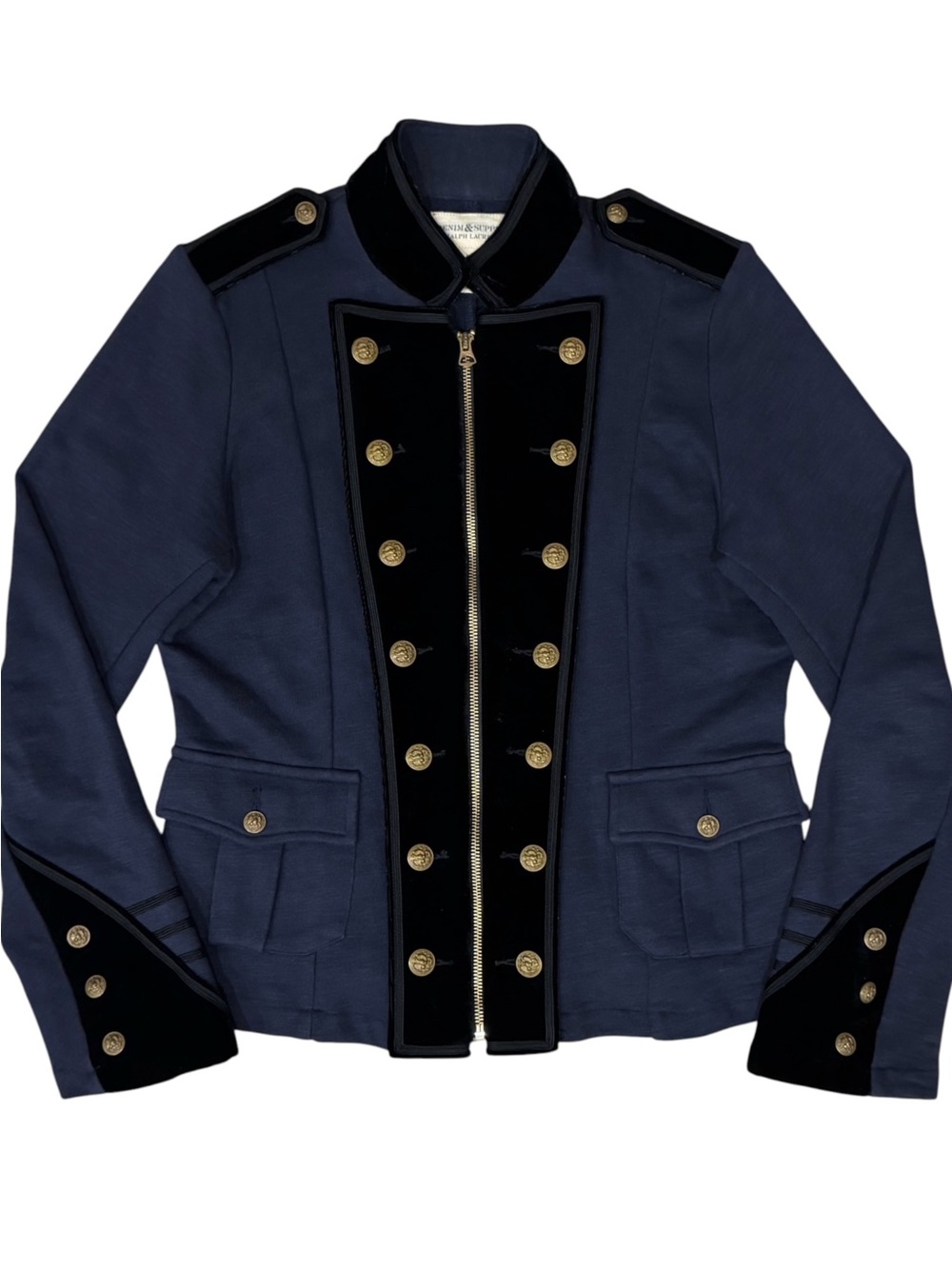 Ralph Lauren Denim & Supply Blue Soft Military Officer Zip Jacket Gold Buttons L